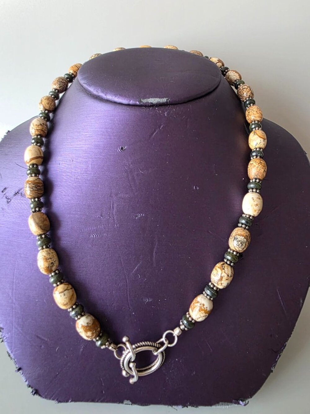 Natural Picture Jasper & Green Jade Gemstone Statement Necklace Sterling Silver